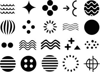 Abstract black vector icon set with waves, arrows, circles, and cross shapes. Ideal for infographic design, web UI, motion graphics, and modern branding.