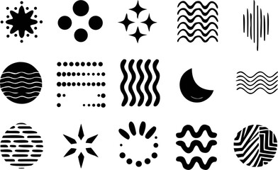 Stylized black and white vector set with stars, geometric shapes, curved lines, and decorative elements. Ideal for branding, abstract posters, and creative packaging.
