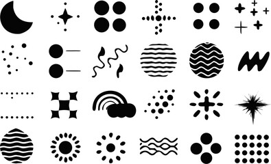 Black abstract vector set featuring dotted lines, circular patterns, wave textures, and minimalist graphic symbols. Great for UI design, infographics, and backgrounds.