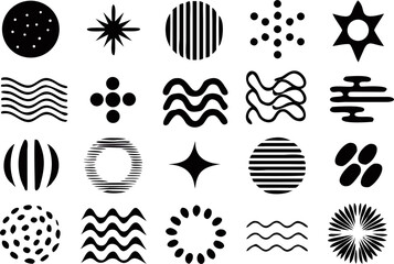 Minimal black abstract vector pack including circles, wavy lines, dots, and simple shapes. Ideal for branding, UI components, textures, and modern backgrounds.