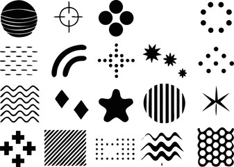 Abstract black and white vector icon set with moon, stars, waves, and oval shapes. Ideal for UI elements, posters, spiritual themes, or decorative use.