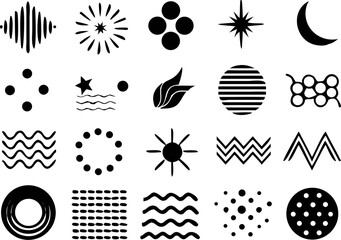 Vector icon collection of black abstract shapes including flower-like symbols, circles, and wavy lines. Great for decoration, packaging, or logo assets.