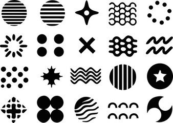 Abstract vector set with modern wave lines, stars, and dot shapes in black and white. Suitable for user interface design, infographic accents, and branding.