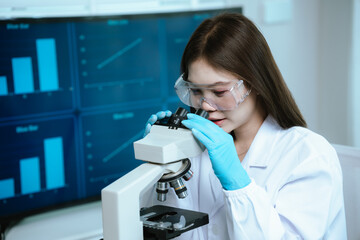 Scientist analyzes biological samples using advanced laboratory equipment for medical research,...