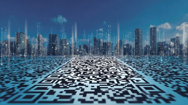 A background image of a QR code, but with the pattern forming a complex, maze-like city, digital information, and modern life.  - Powered by Adobe