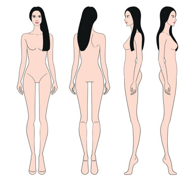 Colored fashion croquis figurines front side back with straight long hair woman in vector.