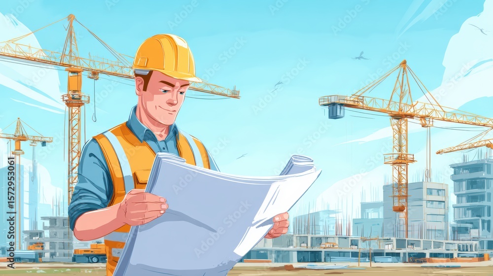 Poster cartoon project manager engineer pointing at timeline chart with team