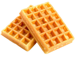 Two golden, crispy rectangular waffles stacked slightly overlapping, showcasing their characteristic grid pattern and airy texture.