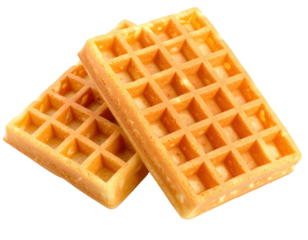 Two golden, crispy rectangular waffles stacked slightly overlapping, showcasing their characteristic grid pattern and airy texture.