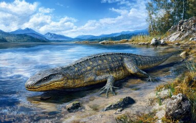 Naklejka premium A Tiktaalik, an ancient, transitional fish-tetrapod creature, gracefully moves through the crystal-clear waters of a serene alpine lake, its distinctive features and adaptations hinting