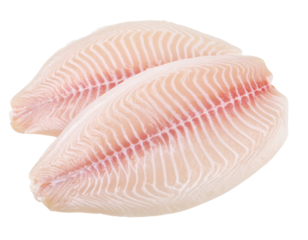 Two raw, fresh fish fillets with visible muscle fibers and a light pink hue, showcasing their natural texture and quality for cooking.