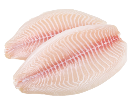 Two raw, fresh fish fillets with visible muscle fibers and a light pink hue, showcasing their natural texture and quality for cooking.