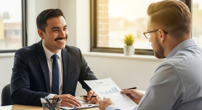 Business loan application review meeting with smiling loan officer and applicant