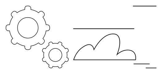 Two gears beside a cloud with dynamic motion lines suggesting progress, innovation, and connectivity. Ideal for industry, teamwork, cloud computing, efficiency, networking, system simple flat