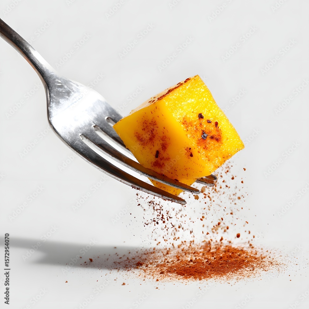 Poster a close-up of a fork holding a cube of grilled mango sprinkled with spice, set against a minimalisti