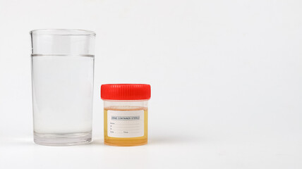 Glass of water and a urine sample container on a white background.