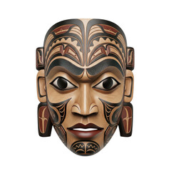 Intricately carved tribal mask with symbolic decorations against dark background