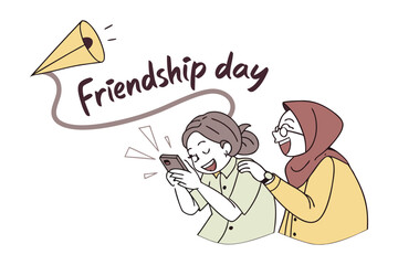 Two happy friends celebrating friendship day by sharing something exciting on a smartphone together