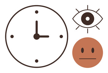 Clock indicating time, eye symbolizing observation, neutral face expressing emotionless state. Ideal for concepts thumbs up time, mindfulness, focus, productivity, emotional awareness, simplicity