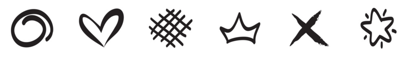 Handwritten set of different emoticons. Heart, crown, arrows, arrows, underlines, lightning, flower, love crowns and other elements, vector illustration