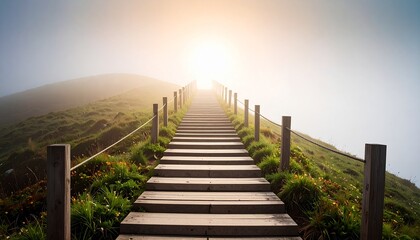 Fototapeta premium Ascending Wooden Stairway Leading to a Bright, Misty Summit