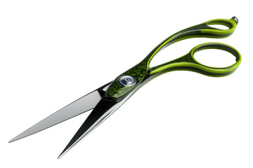 School scissors open, green handle isolated on white, transparent PNG
