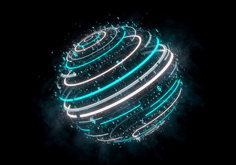 Futuristic Teal and White Glowing Sphere with Digital Data Streams.