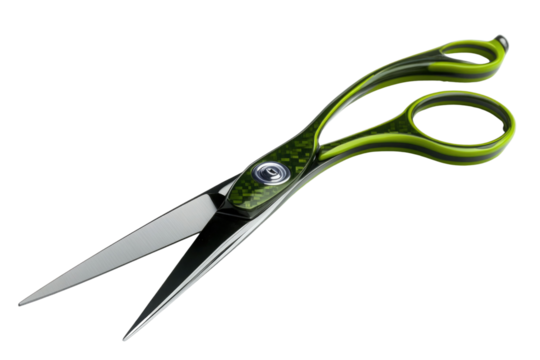 School scissors open, green handle isolated on white, transparent PNG