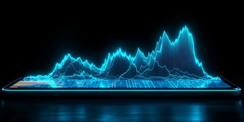 A blue glowing waveform graph emerges from a tablet screen on a dark background, ideal for technology reviews, data analysis, or audio-visual themes on websites and blogs.

