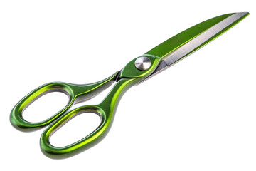 School scissors open, green handle isolated on white, transparent PNG