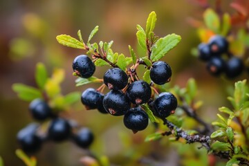 Black crowberry clusters on wild plants in a natural setting during autumn, Wild plants Empetrum nigrum, Black crowberry, Ericaceae