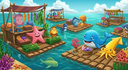 Cartoon sea market illustration with cute marine animals on rafts selling food