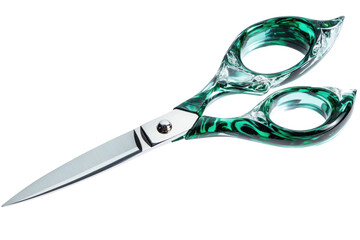 School scissors open, green handle isolated on white, transparent PNG