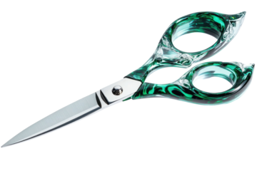 School scissors open, green handle isolated on white, transparent PNG