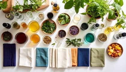 Artisanal textile creation using a natural dyeing process with plants, botanicals, and ingredients for sustainable color.