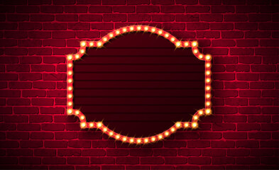 Retro Signboard Lightbox Banner Design with Glowing Light Bulb Frame Billboard on Vintage Brick Wall Background. Vector Customizable Marquee Sign Illustration for Casino Advertising, Theater Show