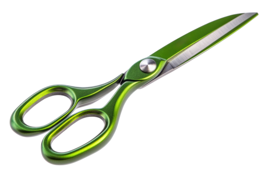School scissors open, green handle isolated on white, transparent PNG