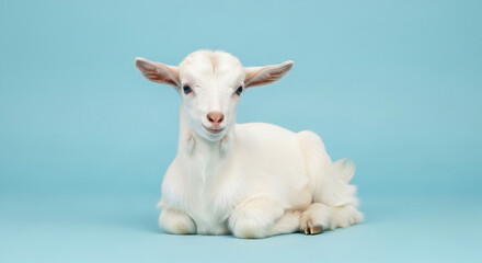 Fototapeta premium White baby goat kid laying down on blue background cute farm animal livestock pet