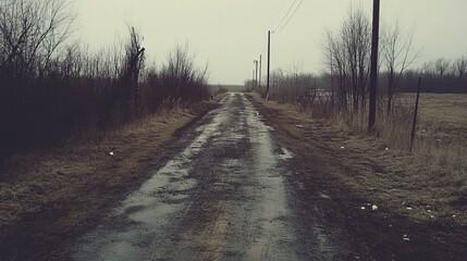 A desolate, wet dirt road stretches into a misty, barren landscape under a gray sky, lined with leafless trees and wire fences