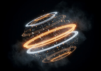 Glowing Digital Sphere with Orbiting Neon Rings and Numbers.