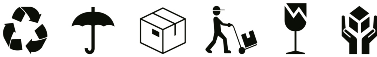 Fragile package icons set, handle with care logistics and delivery shipping labels. Fragile box, cargo warning vector signs, vector illustration