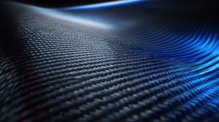 A background of dark carbon fiber weave, with a subtle blue light reflecting off its surface, high-performance materials, automotive tech. 