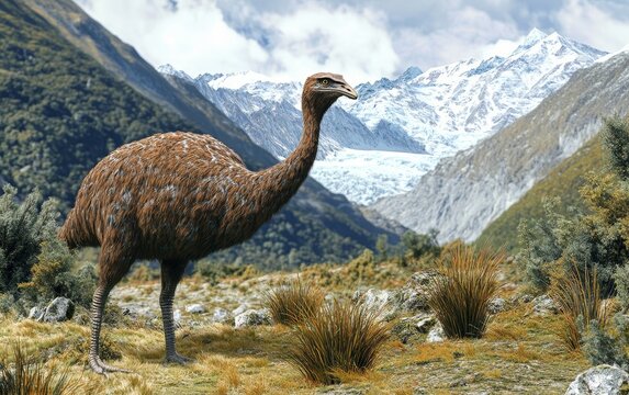 A towering giant moa navigates the rugged, pristine landscape of the mountainous wilderness, its shaggy plumage blending into the surrounding vegetation