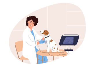 Veterinarian conducting an ultrasound on a dog. Vector illustration in flat style