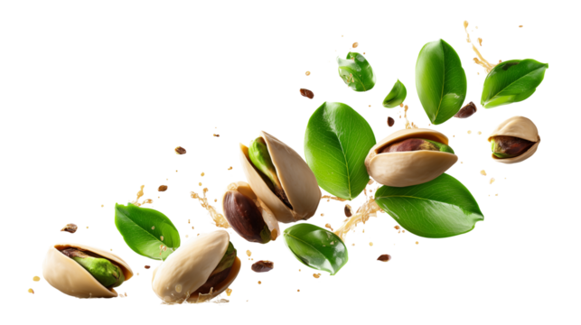 Close-up image of fresh pistachios and green leaves, healthy snack, organic ingredients, vegan diet, ideal for gourmet projects, on transparent background.