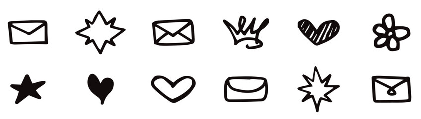 Set of different crowns, hearts, stars, crystals, sparkles, arrows, lightnings, diamonds, signs and symbols. Hand drawn, doodle elements isolated on white background. Hand drawn vector illustration