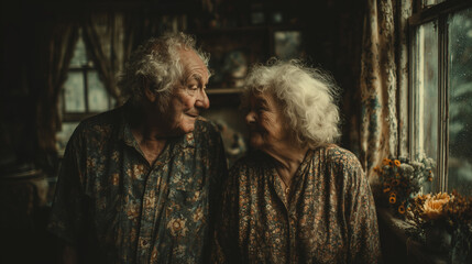 Veteran elderly couple portrait looking at each other happy seniors together love