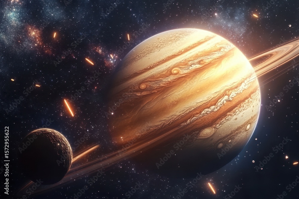 Aufkleber vivid display of jupiter surrounded by celestial bodies in a dynamic galactic environment, galaxy sp