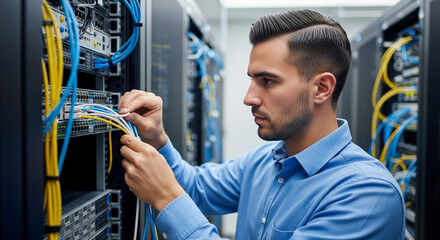 It technician connecting network cables in server room for data center maintenance