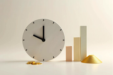 Modern clock, rising bar chart, and gold coins representing time management, financial growth, smart investment, and economic success in a clean background